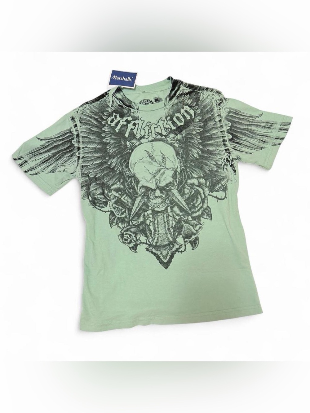 Affliction Light Green Graphic Tee with Black Skull & Wings